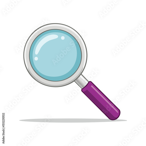 Cartoon magnifying glass illustration showing search, exploration, and investigation with blue lens and purple handle on black background