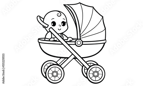 A cheerful cartoon baby with a curly hairstyle sits happily in a vintage style baby carriage with a large canopy and four wheels isolated on a white background