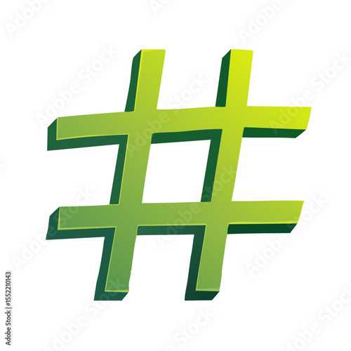 Green gradient 3D hashtag symbol on black background for social media and online communication