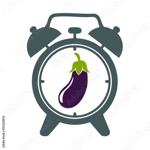 Eggplant inside an alarm clock design element symbolizing deadline for healthy eating and early morning vegetable harvest