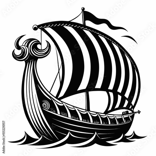 Stylized black and white viking ship sailing through waves