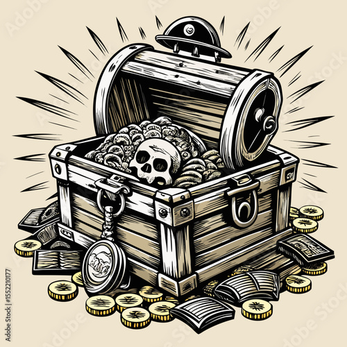 Open treasure chest overflowing with gold coins and a skull