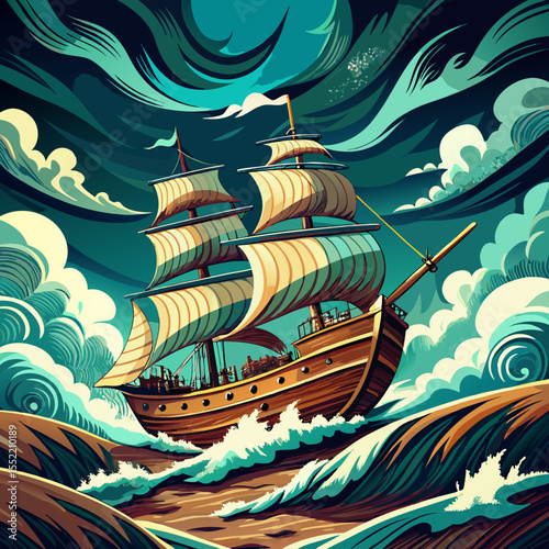 Majestic tall ship navigates stormy seas with full sails set