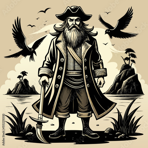 Vector illustration of a vintage pirate warrior with a sword and hat, embodying fantasy and retro design