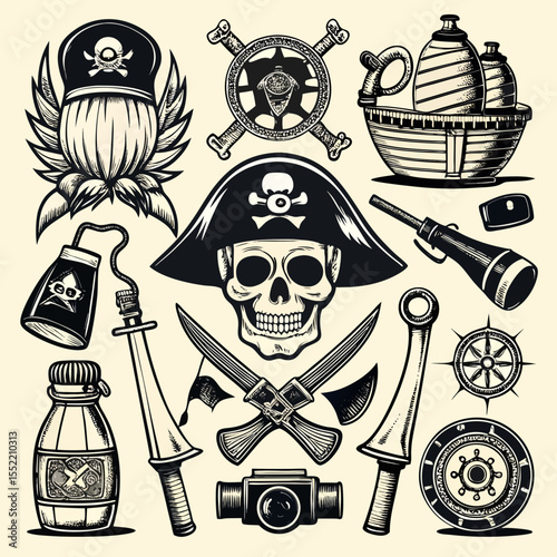 Collection of pirate symbols including skull swords ship s wheel and spyglass