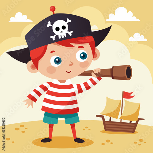 Cute cartoon boy dressed as a pirate looking through a telescope
