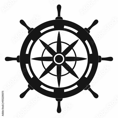 Classic black ship steering wheel icon with nautical star design