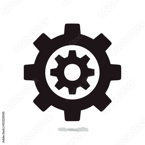 Black and white graphic icon depicts interlocking gears, a symbol of mechanisms, industry, engineering and technology.