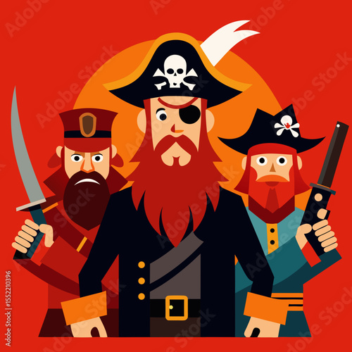 Three cartoon pirates with swords and hats stand together