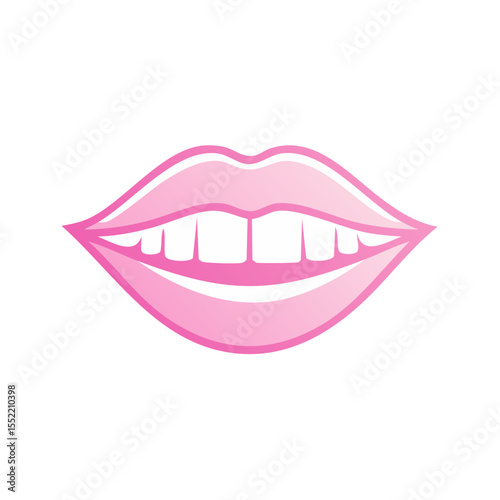 Pink smiling cartoon lips and white teeth on a black background. Expressive stylized smiling mouth for beauty, health, or cosmetic themes