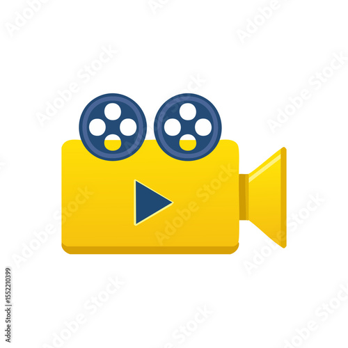 Film camera icon symbol with play button for movie production video animation illustration on black background