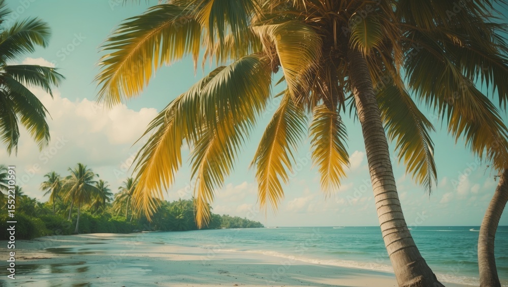 Fototapeta premium Sweet Coconut Tree In Summer with empty copy space for text on a tropical beach scene.