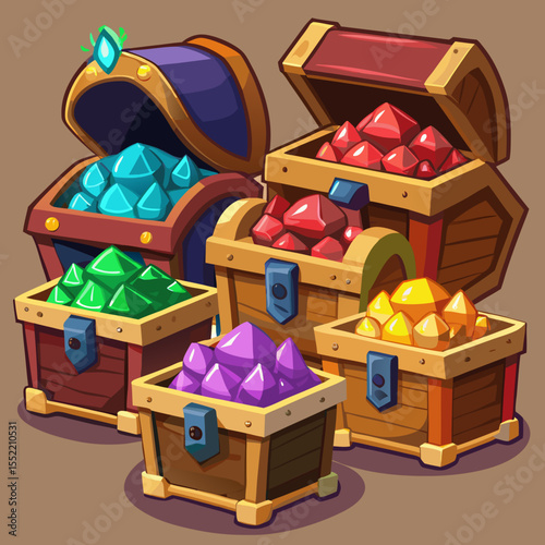 Collection of open treasure chests overflowing with colorful gemstones