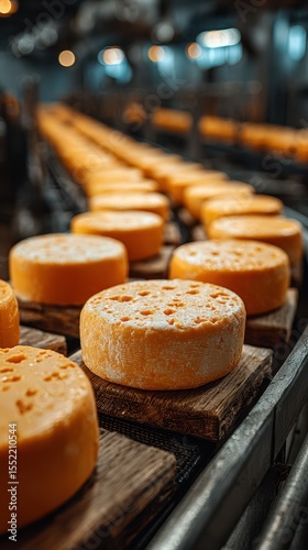 Cheese production in an industrial facility showcasing rows of round cheese wheels on display