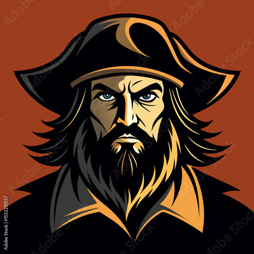 Intense pirate captain with black tricorne hat and long beard
