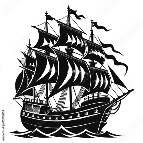 Black and white silhouette of a majestic sailing ship with full sails on wavy seas