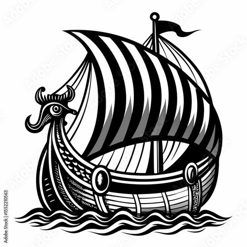 Stylized black and white viking longship sailing on wavy water