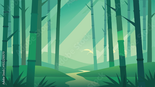 Tranquil bamboo forest illustration with serene landscape and green hues