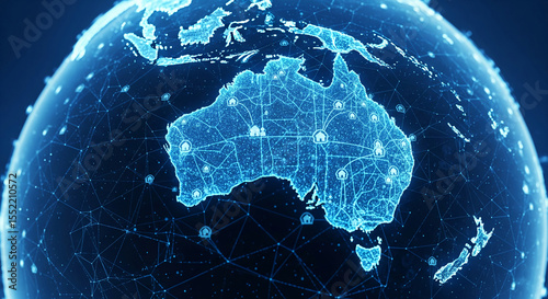 Digital globe showcasing Australia's interconnected network, representing global connectivity and digital infrastructure, ideal for technology or real estate concepts