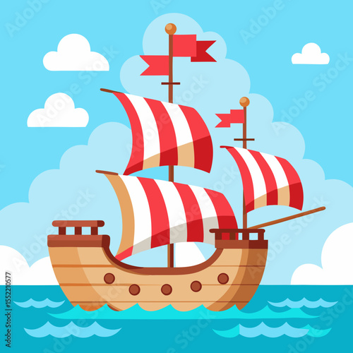 Cartoon sailing ship with red and white striped sails on the ocean