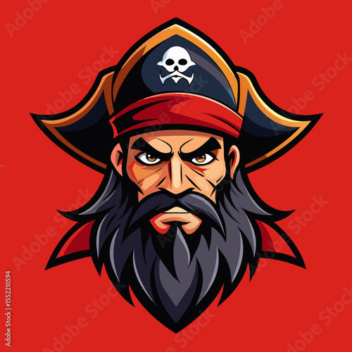 Fierce pirate captain with skull and crossbones hat and long beard