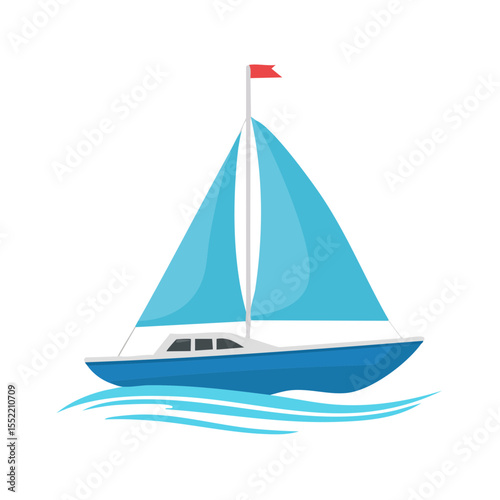 Illustration of a blue sailboat sailing across the ocean waters with a red flag on top isolated on black
