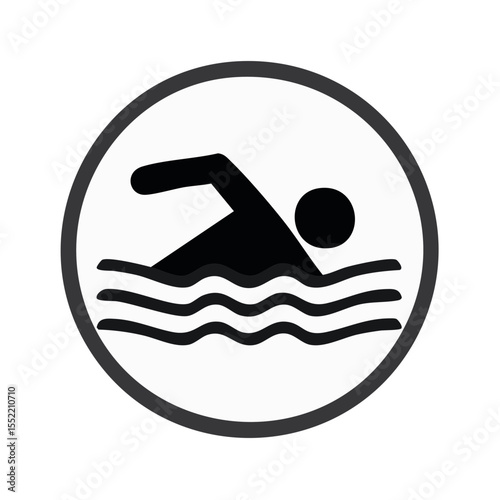 Swimming Symbol Sign: Person in Water, Black on White Circle, Indicating Activity and Recreation