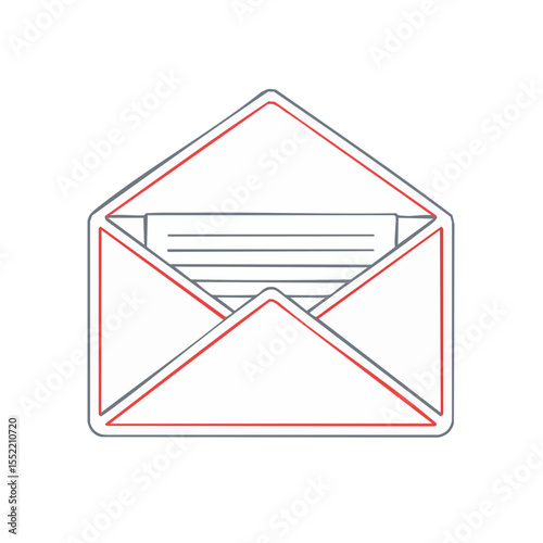 Open Envelope with Letter in Line Art Style, Mail Communication Concept