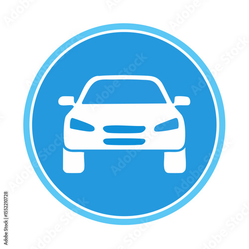 White car front view icon on blue circle. Transportation design element for mobile app or website. Modern car symbol.
