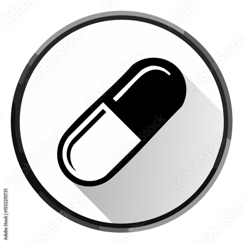 Medical Pill Illustration on White Circle Shape with a Shadow Treatment and Black Bordered Background. Simple, Graphic, Art, Flat Design