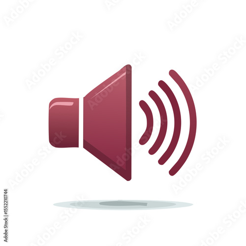Illustration of a Speaker Emitting Sound Waves in Dark Red with Shadow, Audio Icon