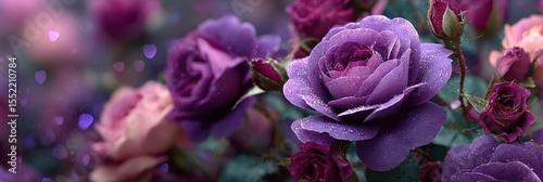 Vibrant display of purple and pink roses with dew drops in a lush garden during early morning light