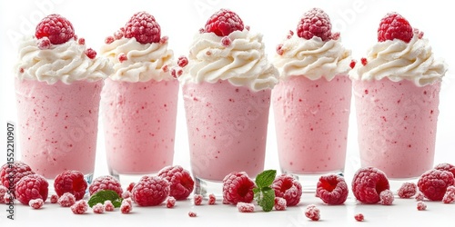 Refreshing raspberry milkshakes topped with whipped cream ready for a summer treat
