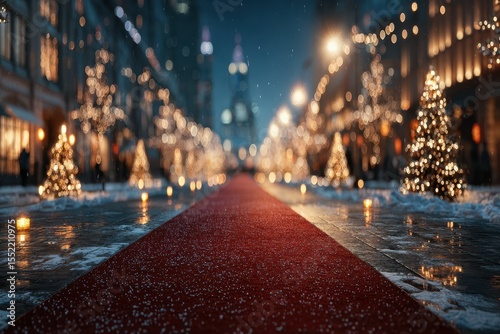 Elegant winter walkway lined with glowing Christmas trees and festive lights during a nighttime celebration in a city
