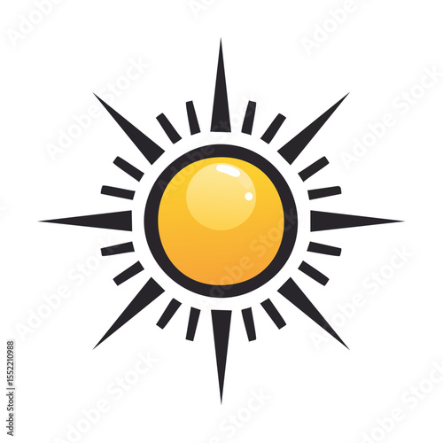 Stylized graphic sun on black background yellow orb with radiating rays cartoon design sunny day heat energy solar power weather forecast
