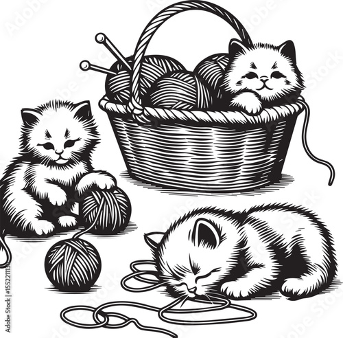 Three adorable kittens play with yarn in charming woven baskets, creating a heartwarming and playful feline scene.