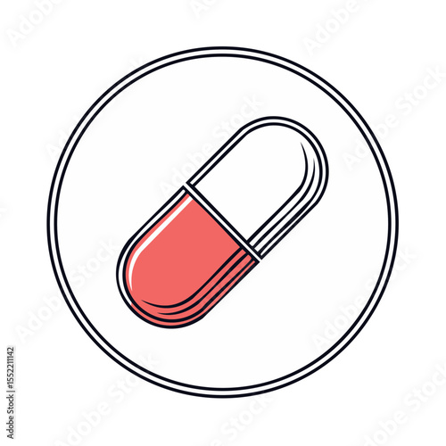 Isolated capsule pill medication on a simple white circle background for health and medical concept