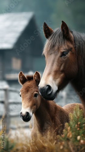 Horses stand together in a serene pasture near a rustic barn during a foggy morning