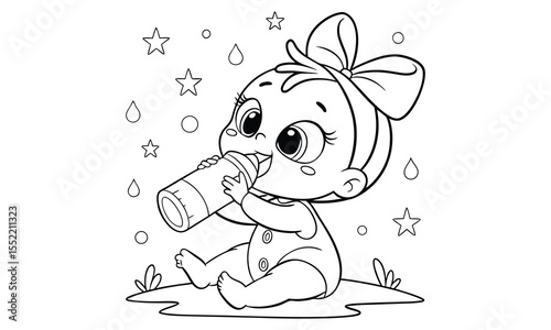 Adorable baby girl with a big bow on her head sitting on the grass and drinking milk from a baby bottle surrounded by stars and raindrops