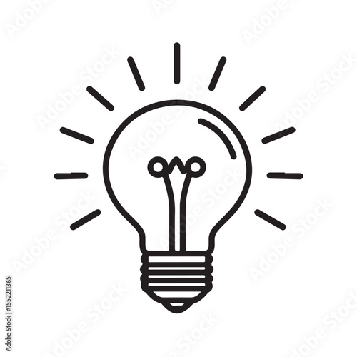 Bright Light Bulb silhouette, black and white drawing of a light bulb on a white background, Simple black outline drawing of a lightbulb