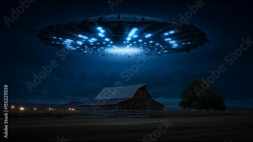A massive alien UFO hovering over a farm barn at night