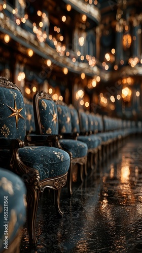 Elegant blue chairs line the aisle of a historic theater illuminated by warm lighting during an evening performance
