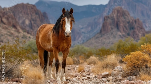 Majestic horse stands among rocky terrain in a stunning mountainous landscape during an overcast day