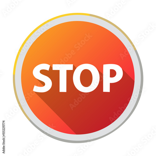 Stop sign graphic with long shadow on round orange badge warning alert danger attention safety urgency, regulatory prohibition halting