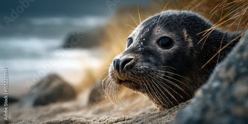 Seal resting on sandy beach with waves in background during golden hour
