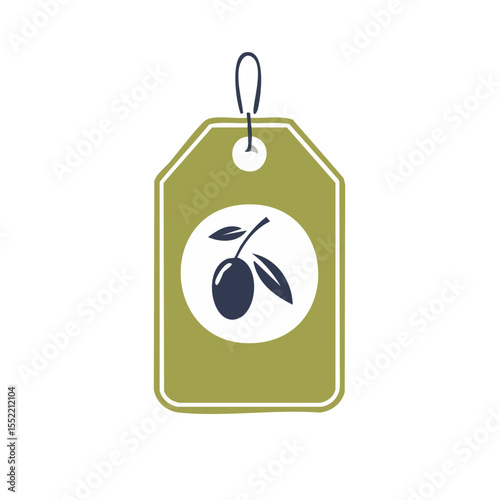Olive oil product tag with fruit icon on green label, symbol for organic healthy Mediterranean food