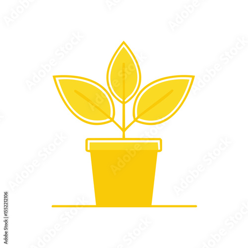 Potted plant icon with three yellow leaves against a black background for simplicity and nature illustration