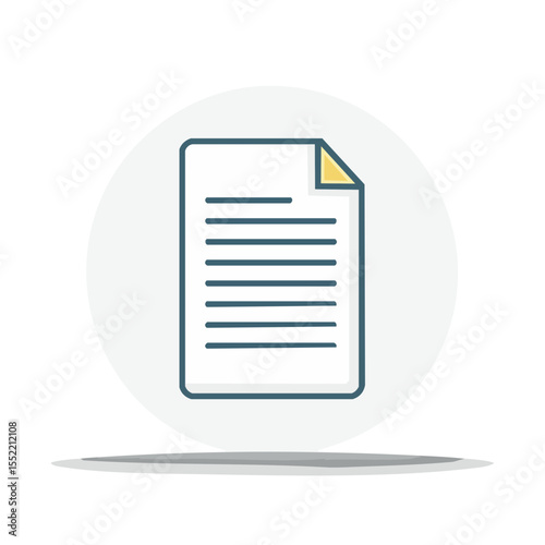 Document icon illustration featuring a page of text lines with a folded corner on a round background for business or education themes
