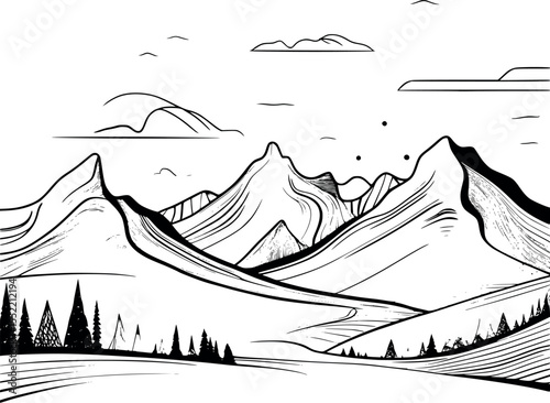 Abstract mountain landscape outline. Minimalistic black line art representing surreal nature scenery vector design.