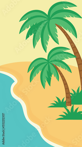 Tropical beach scene depicting palm trees turquoise water and sandy shoreline illustration